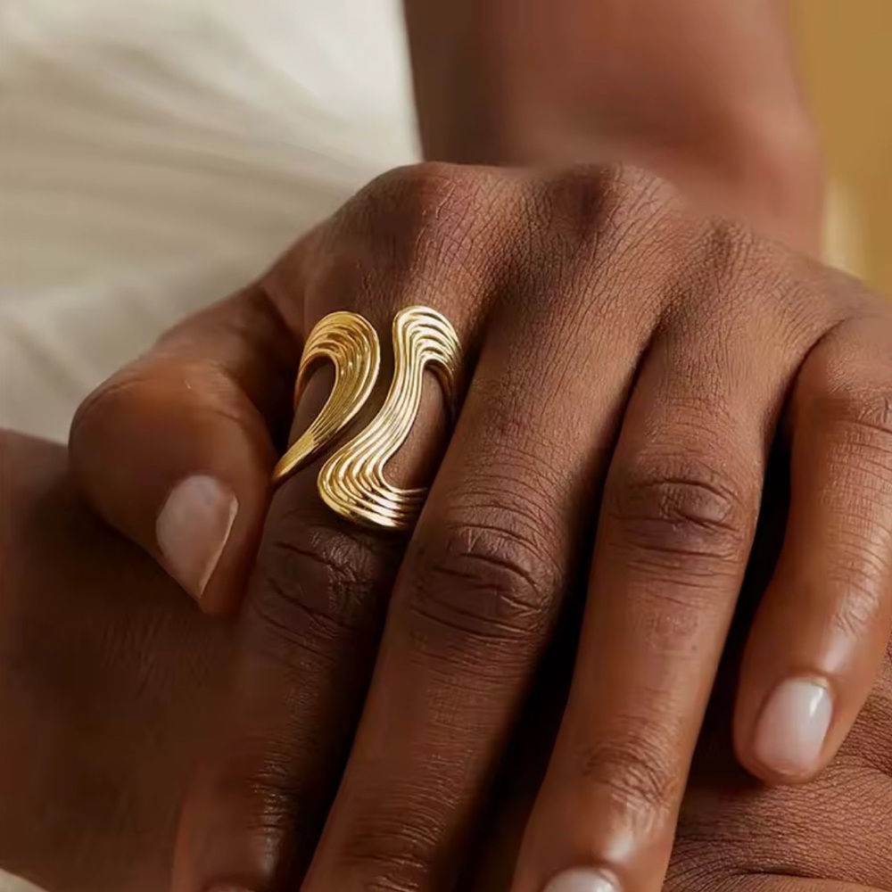 Gold Wave Statement Ring Adjustable Modern Design - image 1